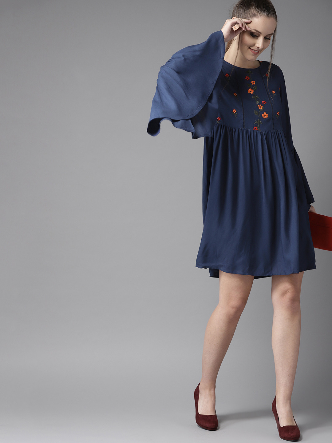 Buy HERE&NOW Women Navy Blue & Orange Embroidered Detail A Line Dress