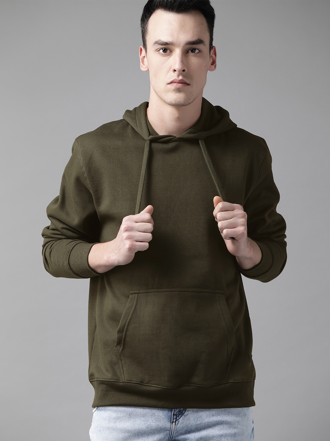 Buy The Roadster Lifestyle Co Men Olive Green Solid Hooded Sweatshirt ...