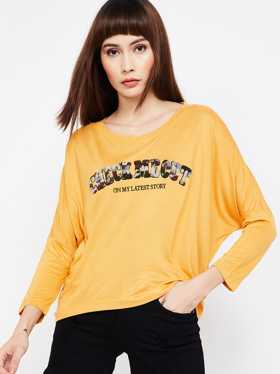 Buy Ginger By Lifestyle Women Mustard Yellow Printed Round Neck T Shirt