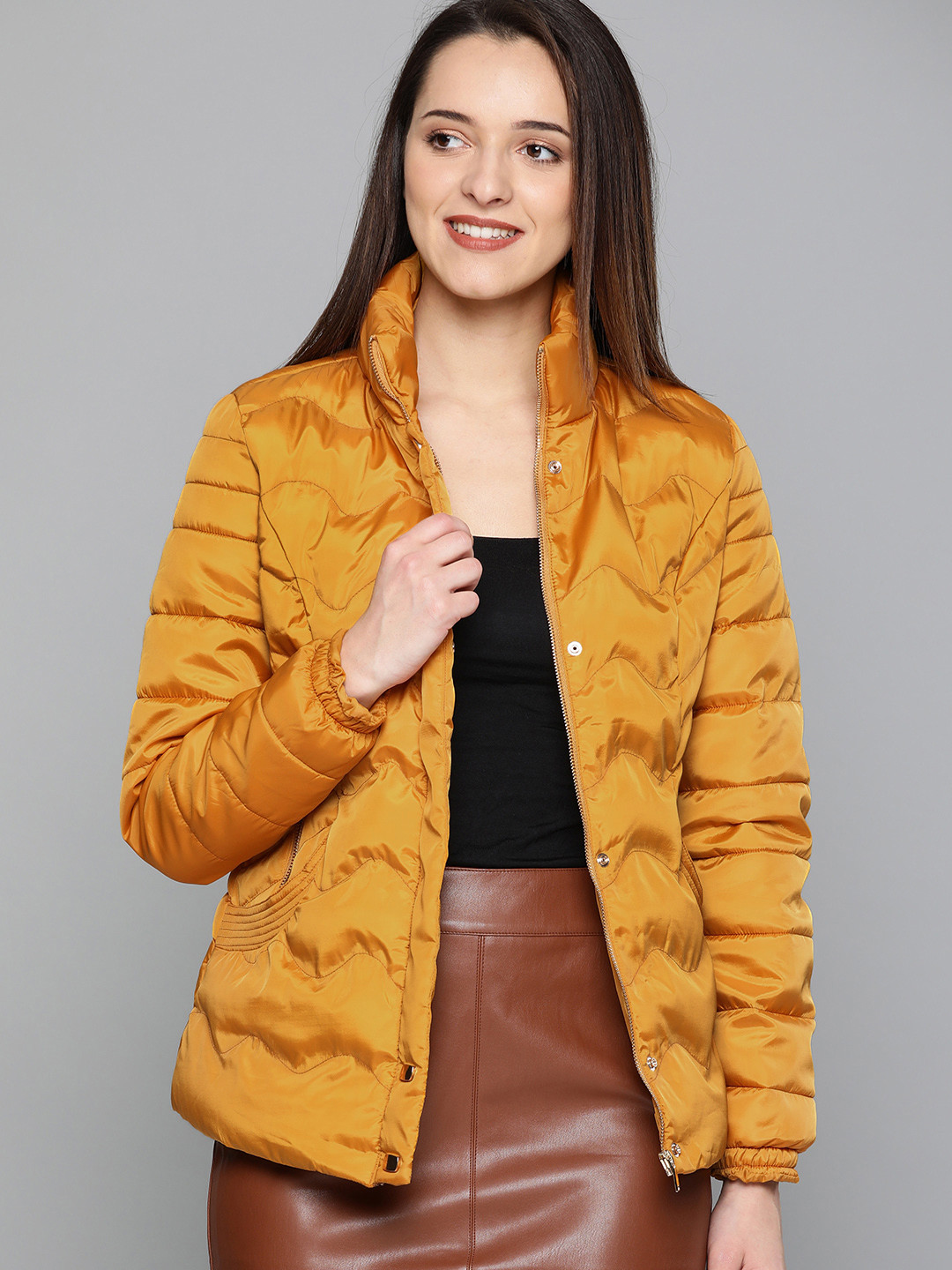 Buy HERE&NOW Women Mustard Yellow Solid Puffer Jacket Jackets for