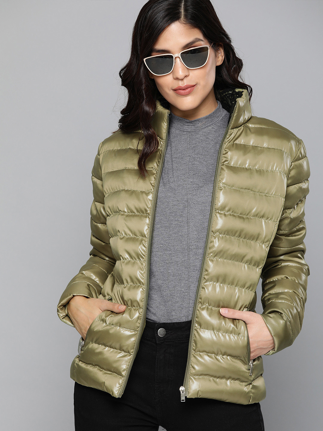 Buy HERE&NOW Women Olive Green Solid Lightweight Puffer Jacket
