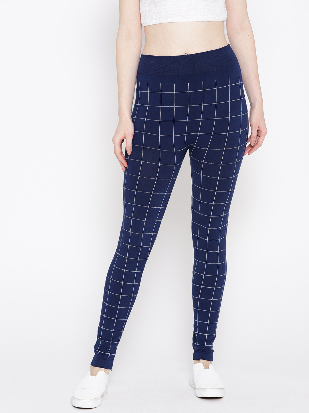 Buy ANTS Women Navy Blue & White Checked Ankle Length Leggings