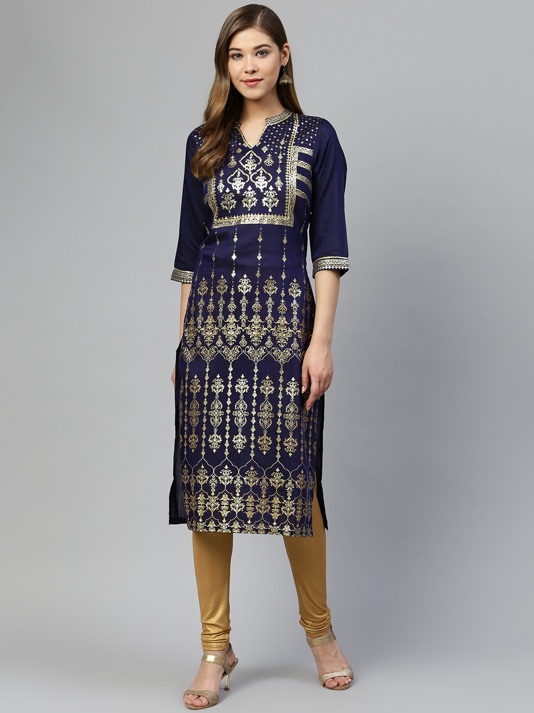 Women Navy Blue & Golden Printed Kurta With Trousers main image 1