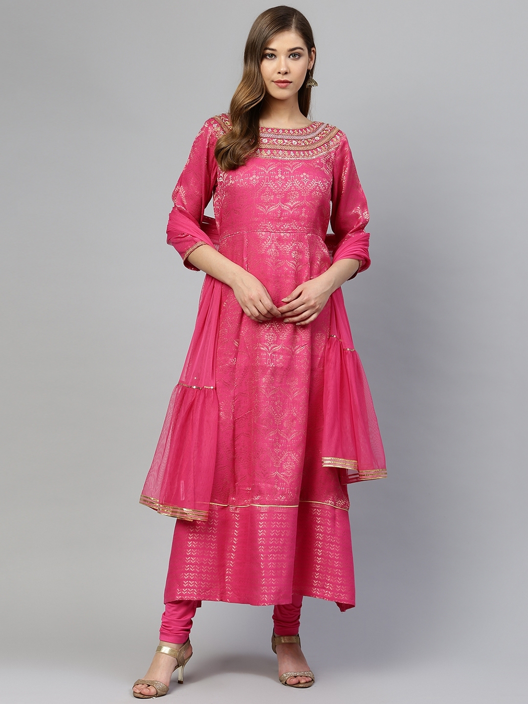 Buy AURELIA Women Pink & Golden Zari Woven Design Kurta With Churidar ...