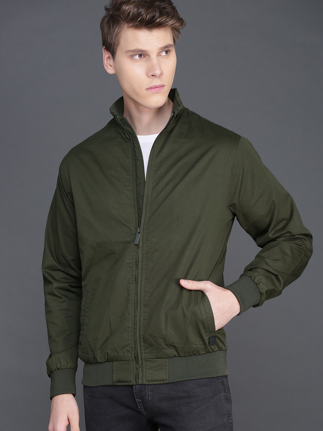 Buy WROGN Men Olive Green Solid Bomber Jacket Jackets for Men