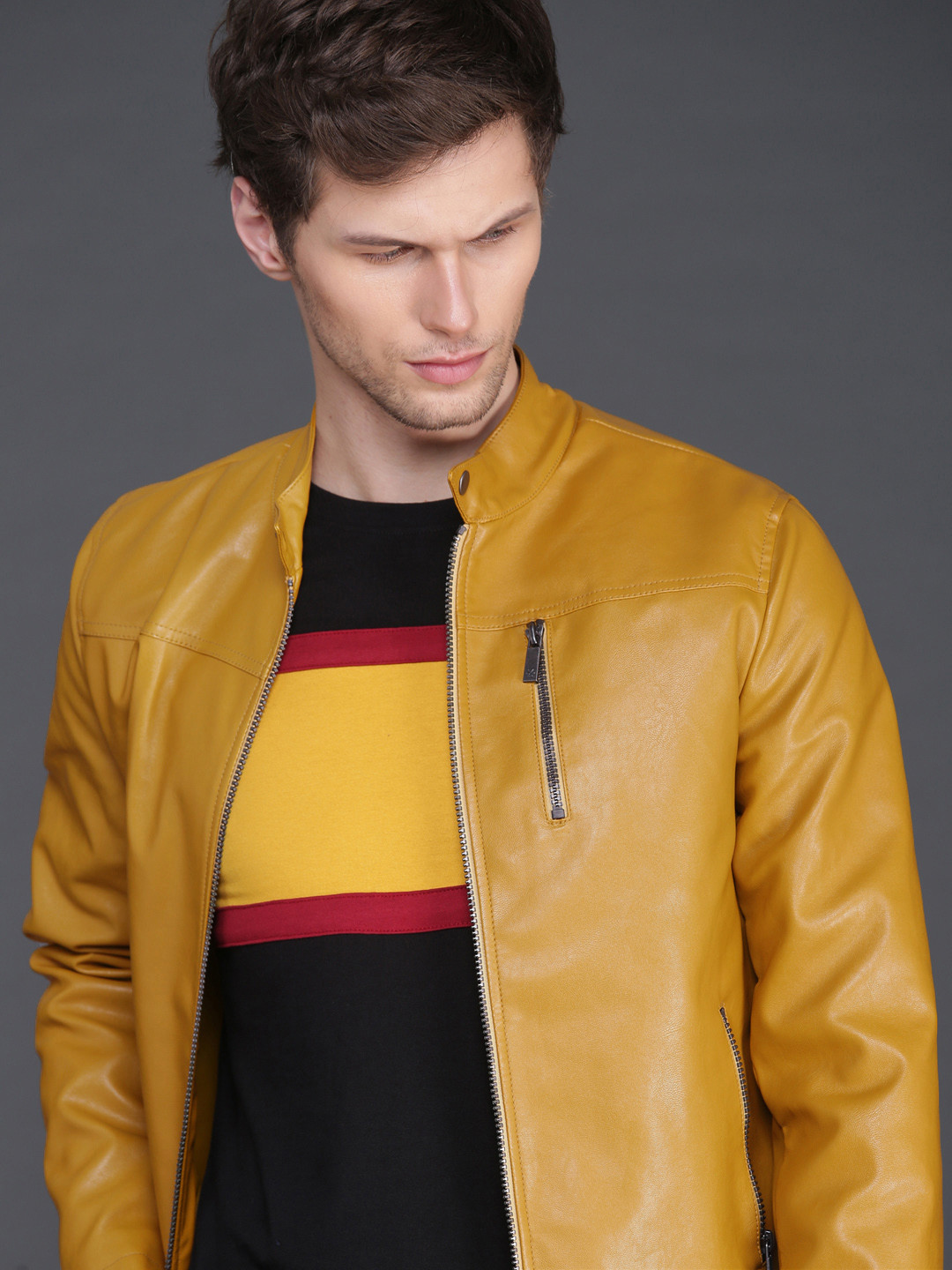 Buy WROGN Men Mustard Yellow Solid Slim Fit Biker Jacket Jackets for