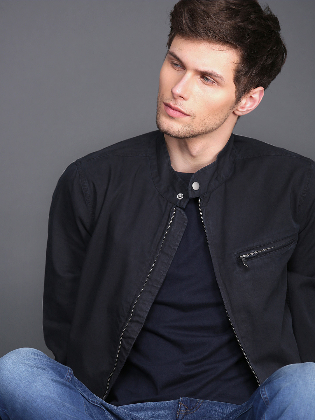 Buy WROGN Men Navy Blue Solid Slim Fit Denim Jacket Jackets for Men