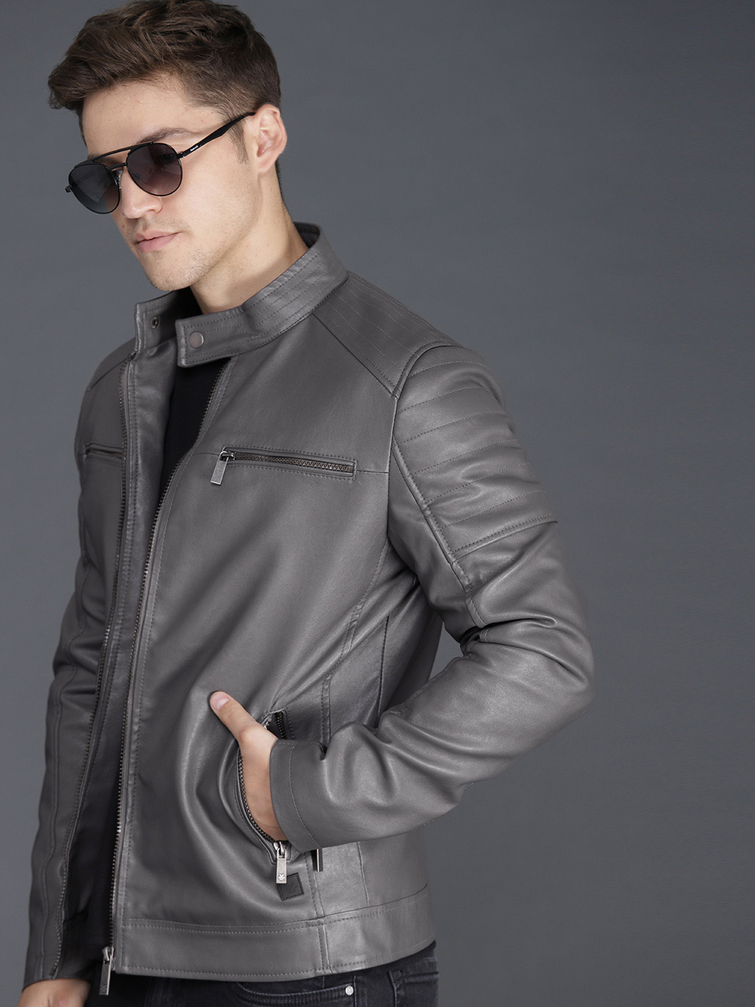 Buy WROGN Men Grey Solid Biker Jacket Jackets for Men 10187279 Myntra