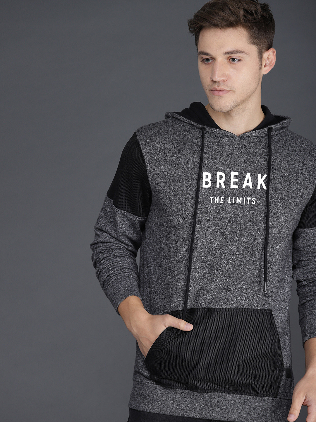 Buy WROGN Men Charcoal Grey Slim Fit Printed Hooded Pullover Sweatshirt