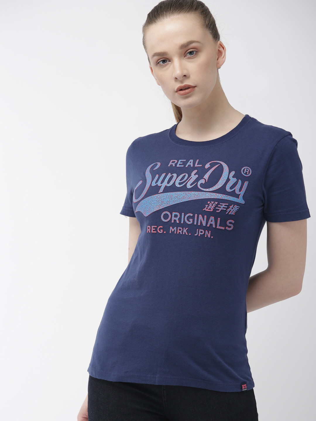 Buy Superdry Women Navy Blue Printed Round Neck Pure Cotton T Shirt