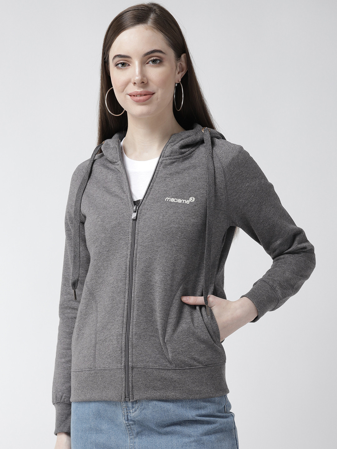 Buy Madame Women Charcoal Grey Solid Hooded Sweatshirt Sweatshirts