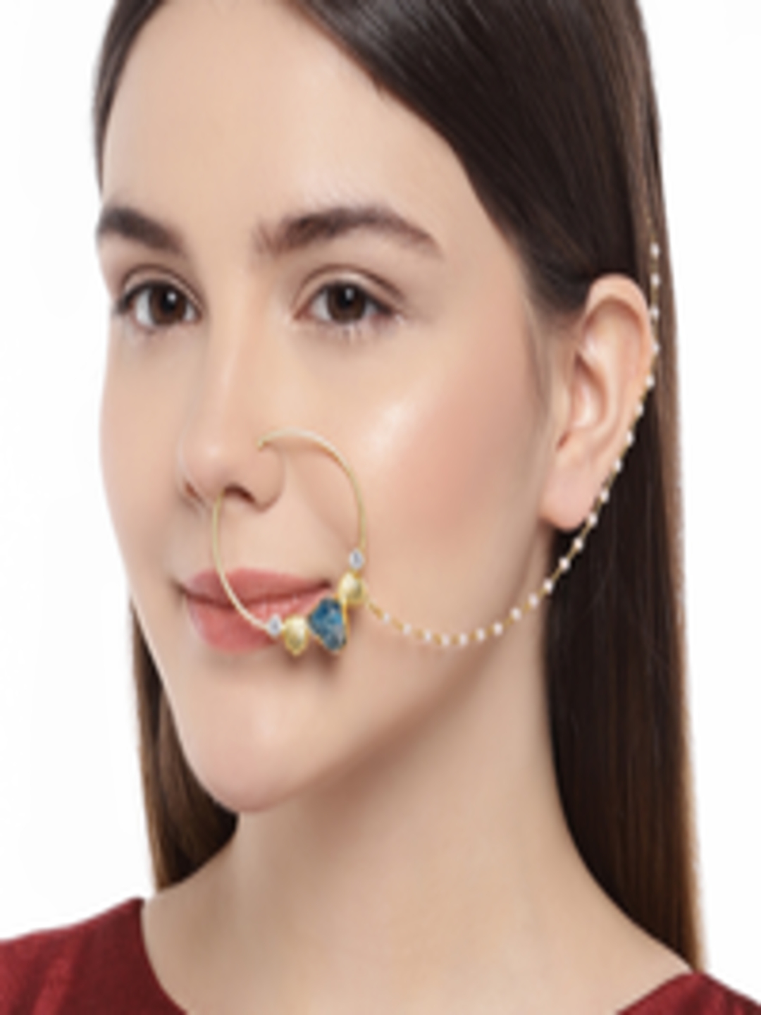 Buy AccessHer Gold Toned & Blue Stone Nose Ring With Chain Nosepin for Women 10198061 Myntra