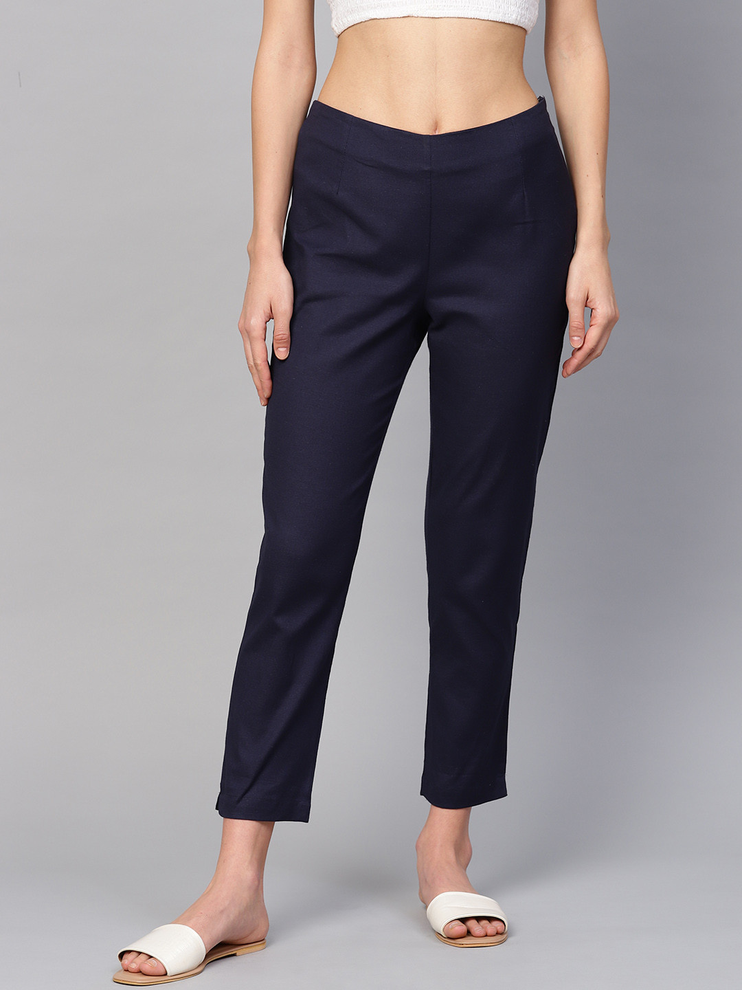 Buy W Women Navy Blue Solid Regular Cropped Trousers Trousers for
