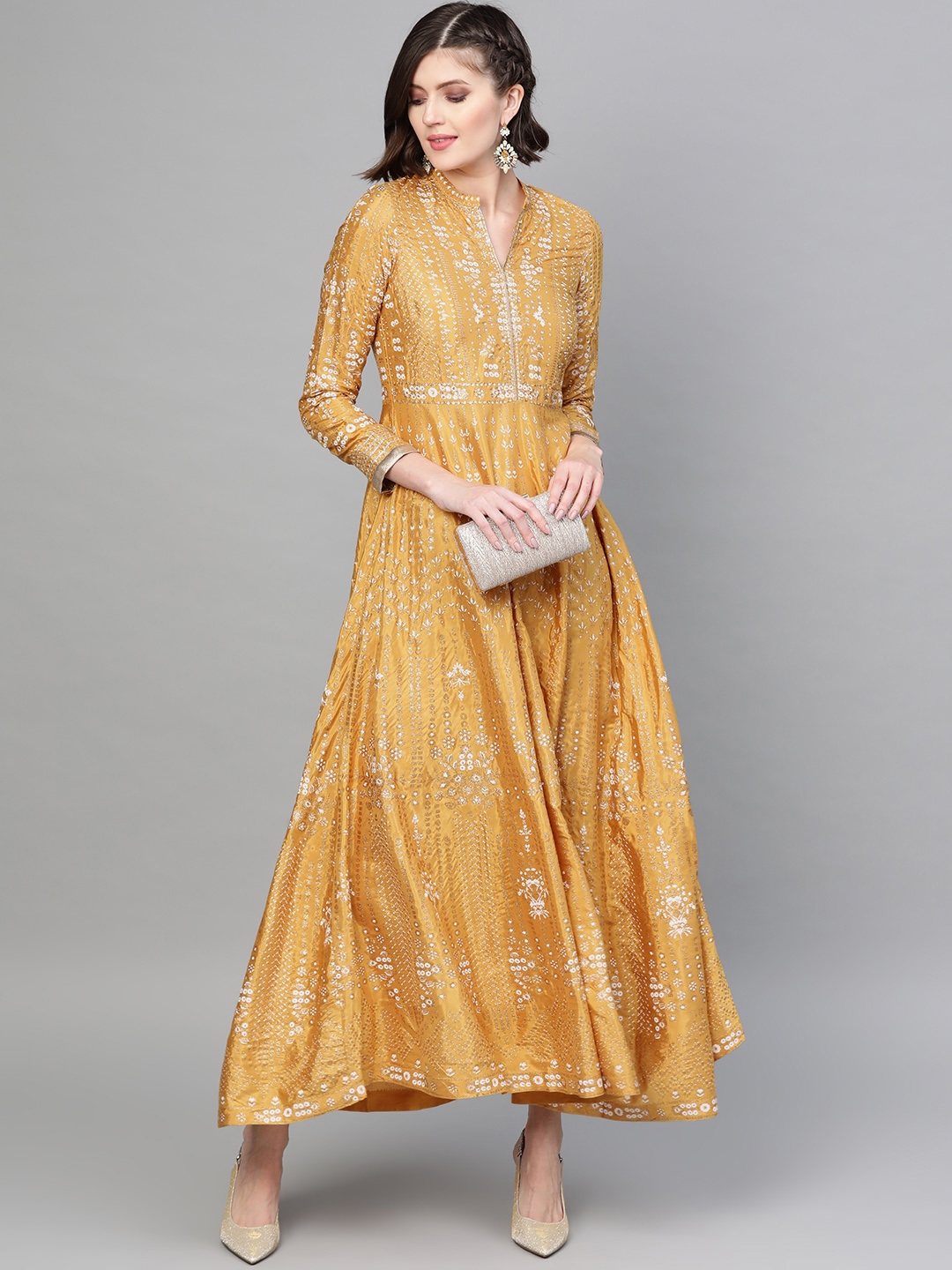 Buy W Women Mustard Yellow & Golden Floral Printed Maxi Dress Ethnic