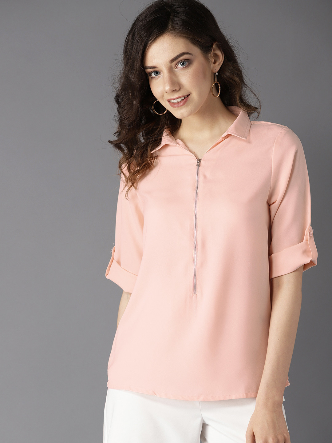 Buy HERE&NOW Women Peach Coloured Solid Shirt Style Top Tops for