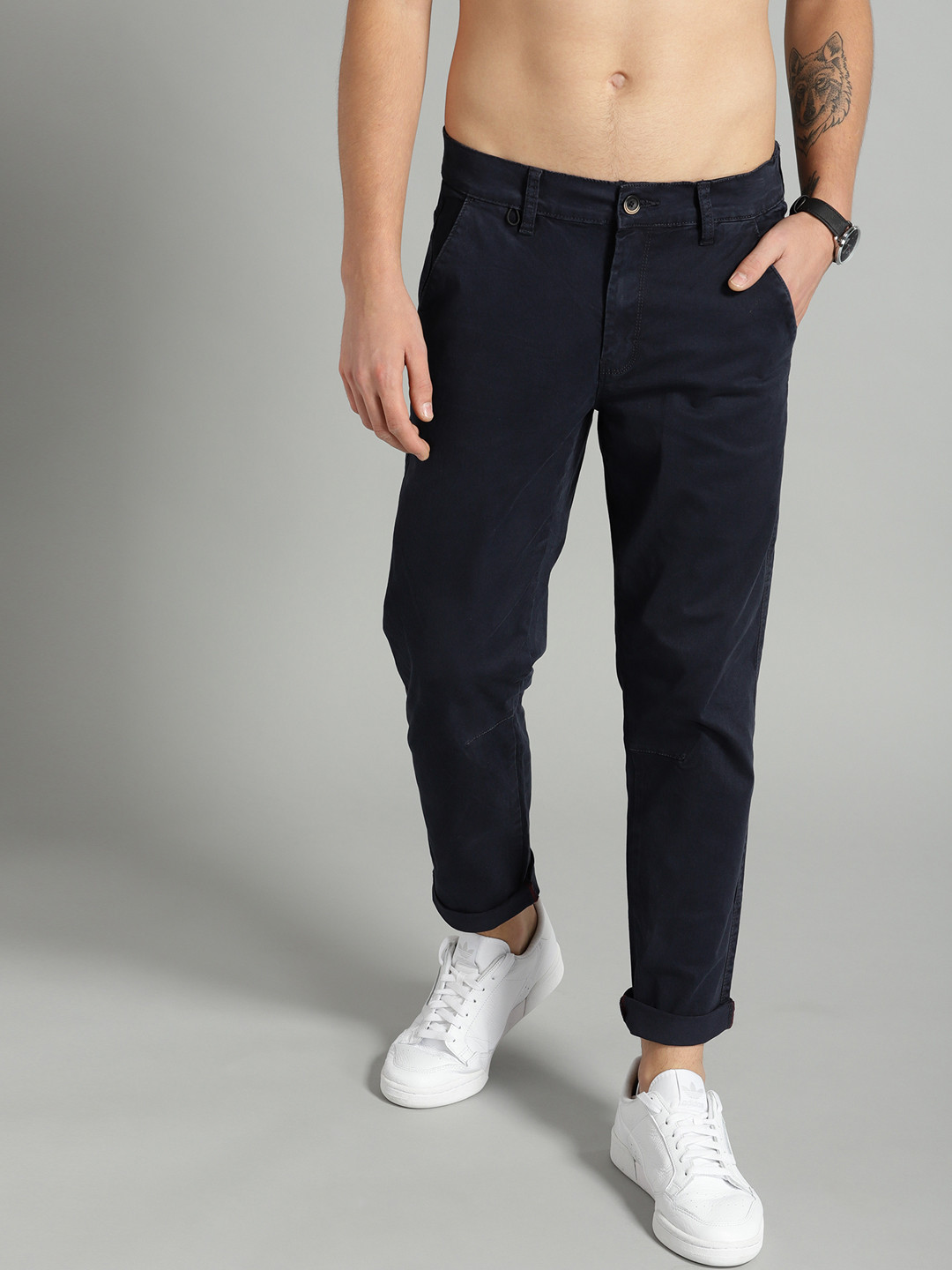 Buy The Roadster Lifestyle Co Men Navy Blue Slim Fit Solid Regular ...