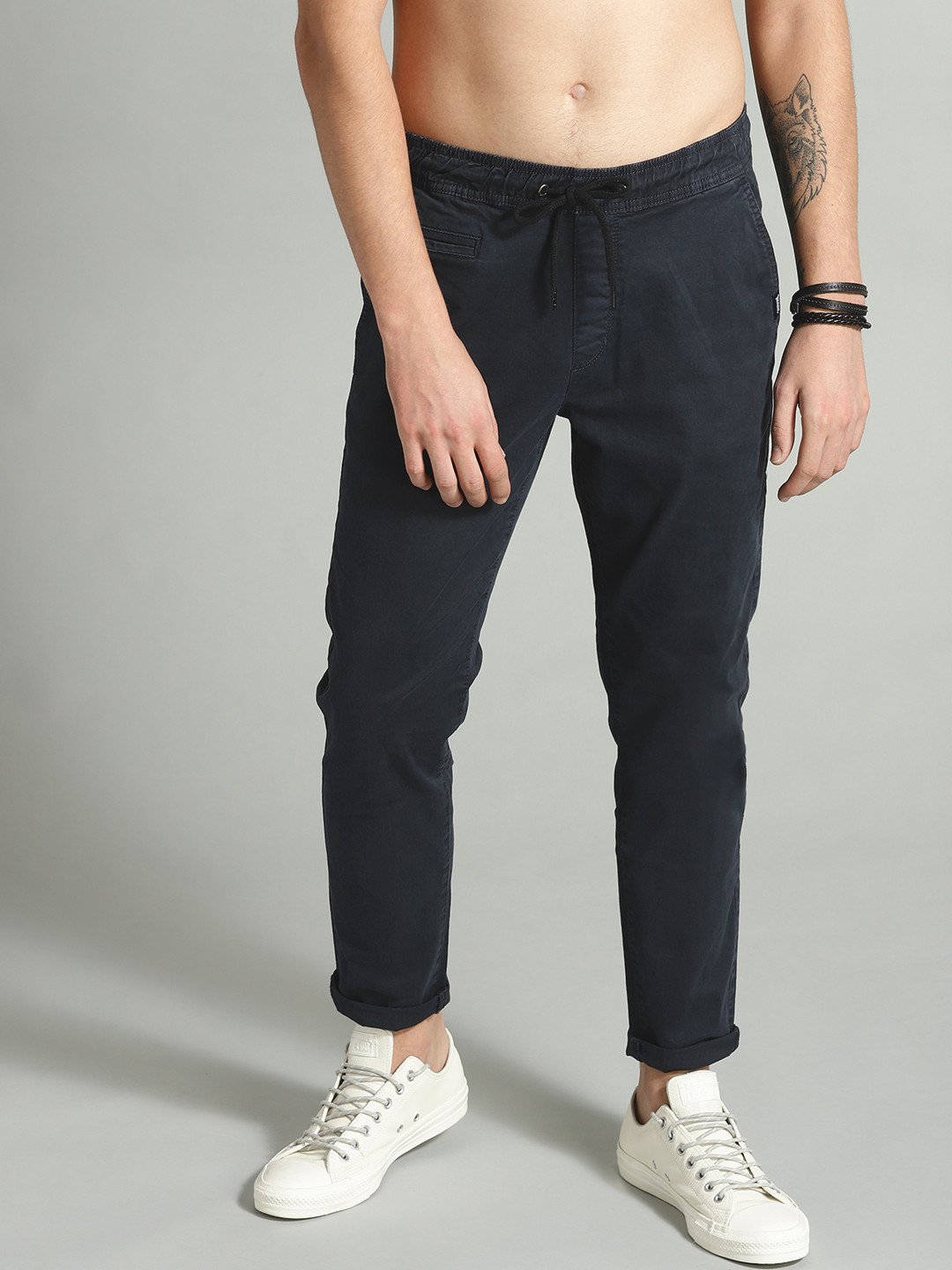 Buy The Roadster Lifestyle Co Men Navy Blue Slim Fit Solid Trousers ...