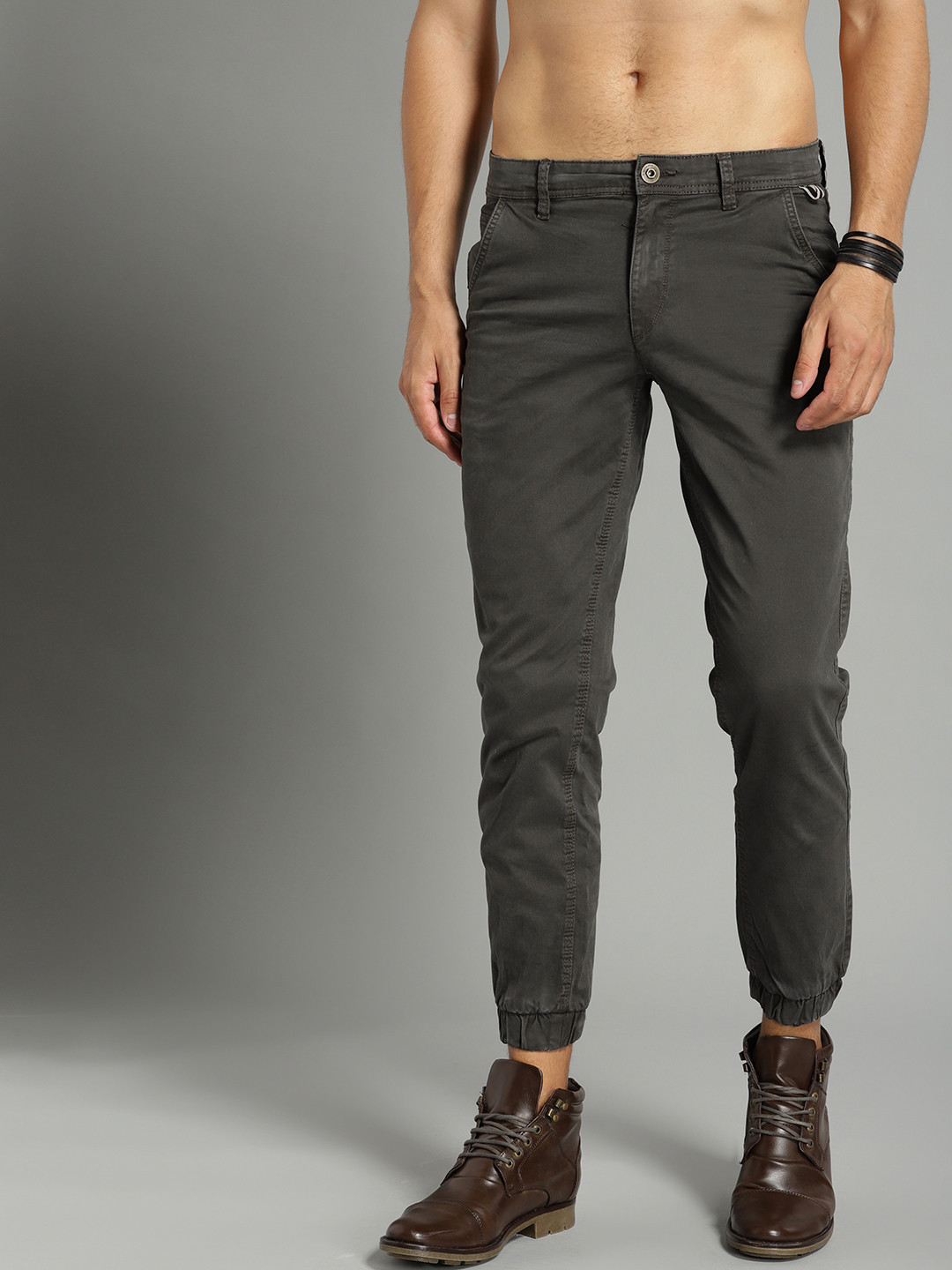 Buy The Roadster Lifestyle Co Men Olive Brown Grey Slim Fit Solid ...