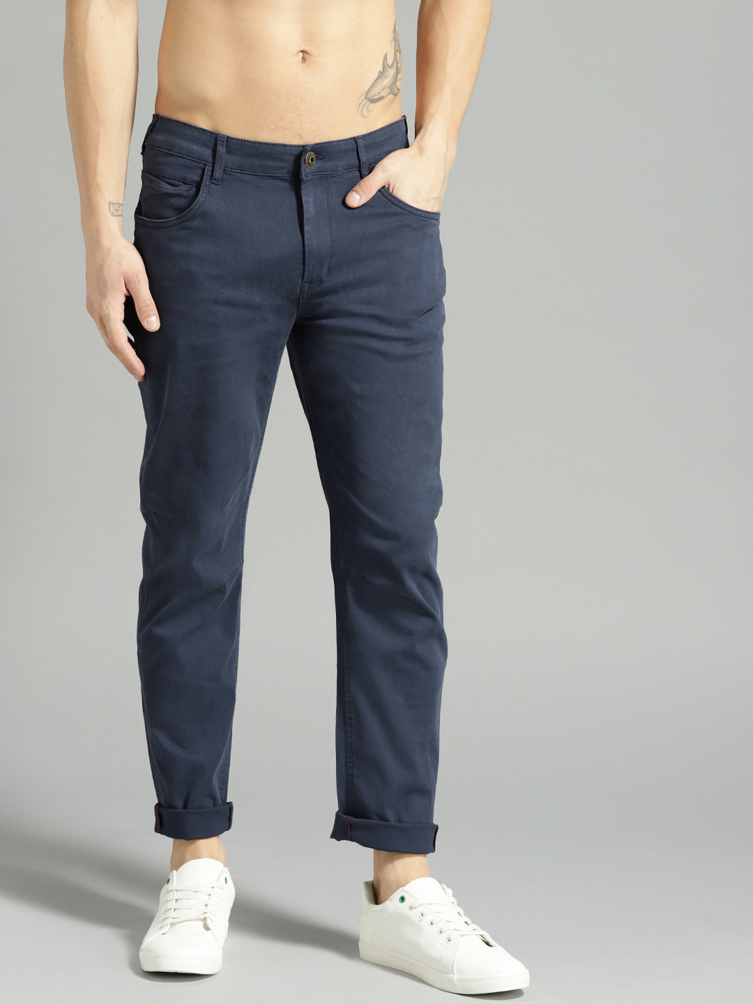 Buy The Roadster Lifestyle Co Men Navy Blue Solid Regular Trousers ...