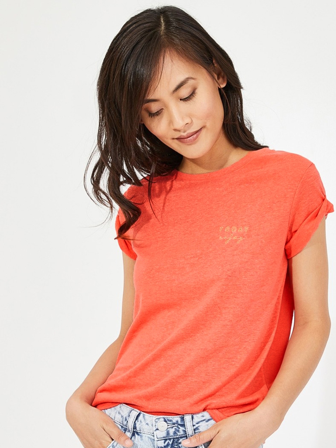 Buy Promod Women Coral Orange Solid Round Neck T Shirt - Tshirts for ...