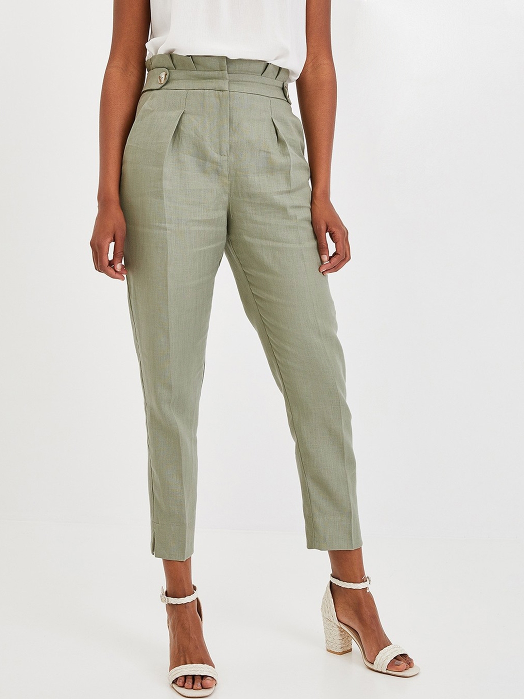 Buy Promod Women Olive Green Regular Fit Solid Regular Trousers ...