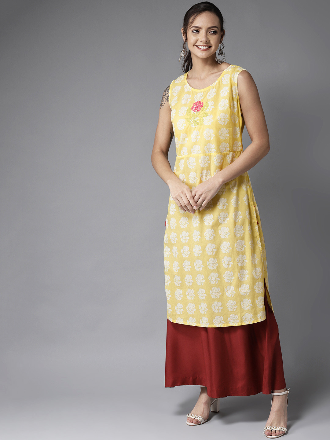 Buy HERE&NOW Women Yellow & White Printed Straight Kurta Kurtas for