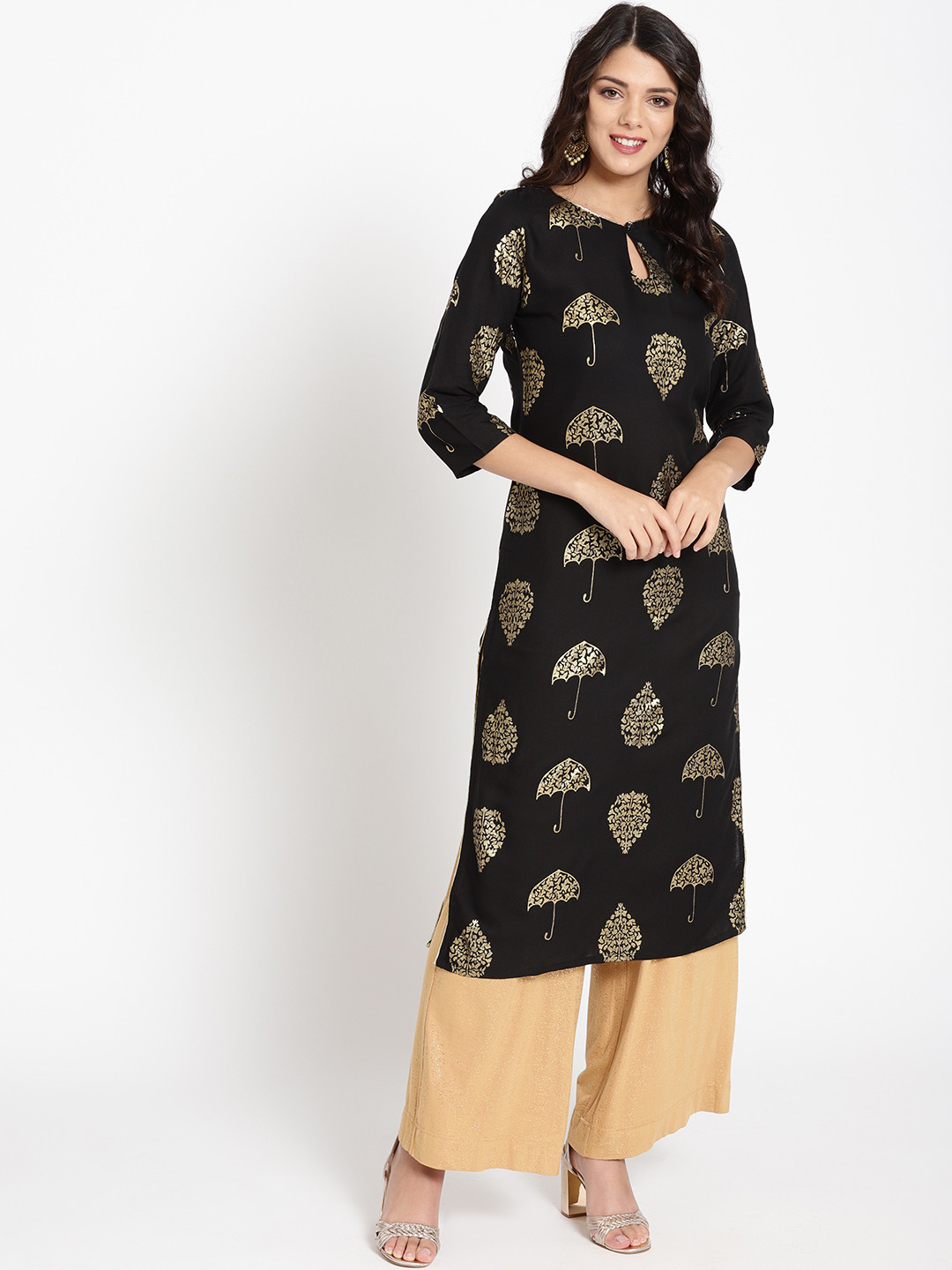 Buy HERE&NOW Women Black & Golden Printed Straight Kurta Kurtas for