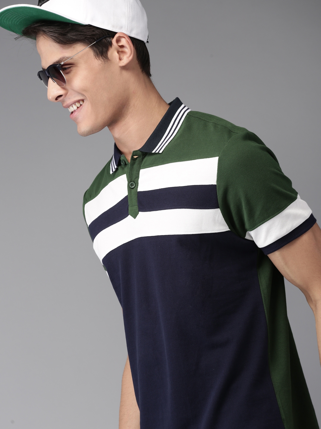 Buy HERE&NOW Men Navy Blue & White Colourblocked Polo