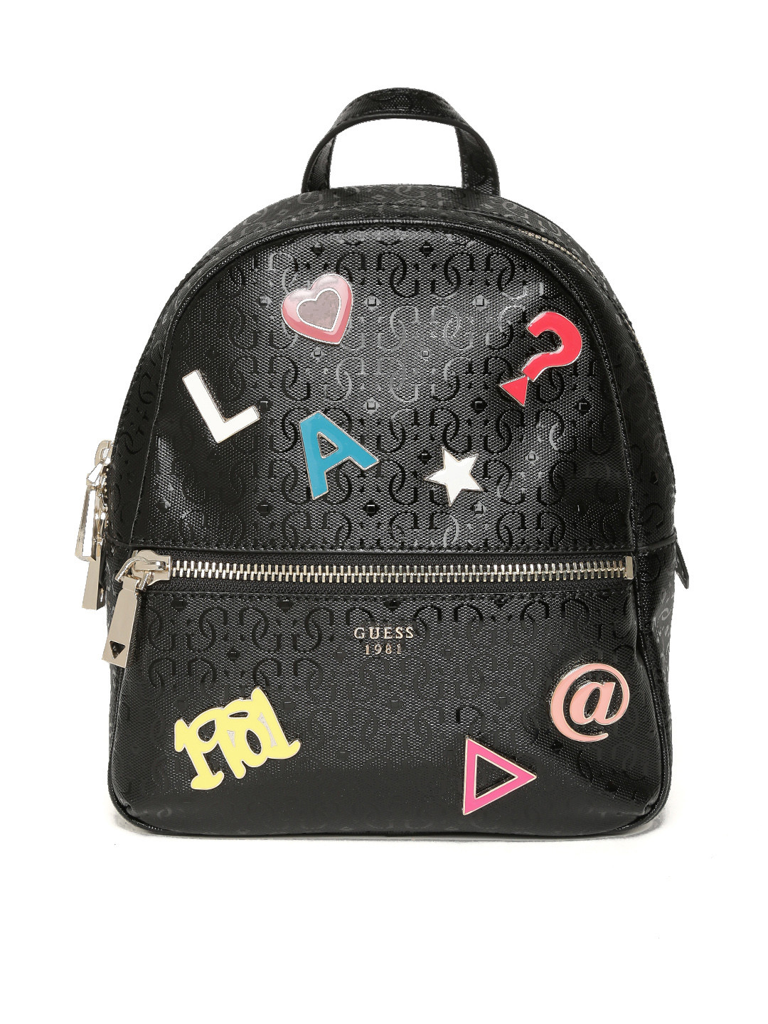 Buy GUESS Women Black Textured Backpack With Applique Detail