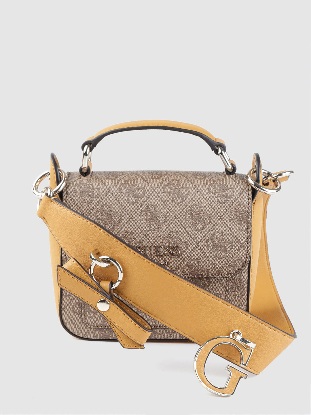 Buy GUESS Brown & Mustard Yellow Printed Handheld Bag Handbags for