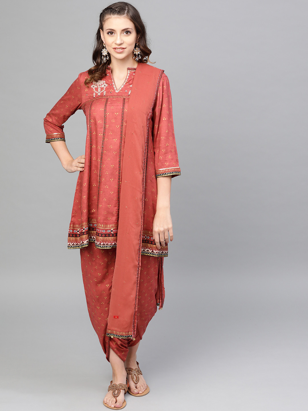Buy W Women Rust Red & Golden Printed Kurta With Dhoti Pants & Dupatta - Kurta Sets for Women 