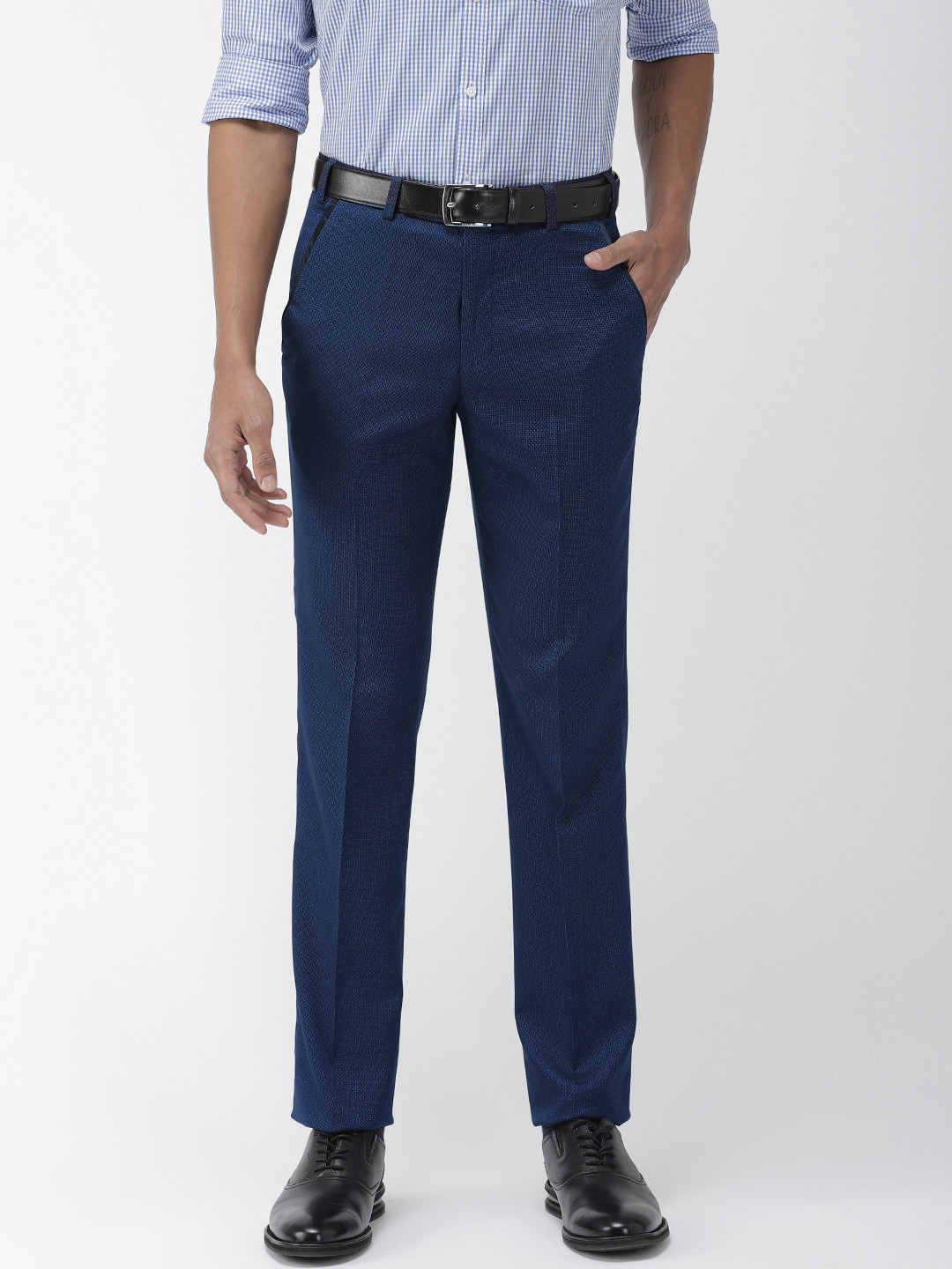 Buy Park Avenue Men Blue Slim Fit Self Design Formal Trousers