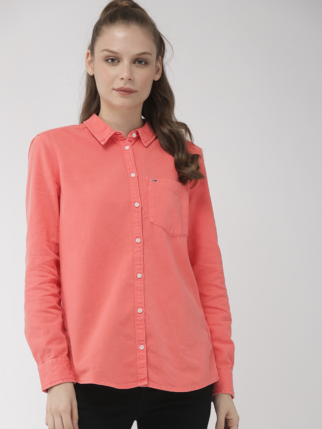 Tommy Hilfiger Women's Coral Plaid Long Sleeve Button up Top Orange Size Medium