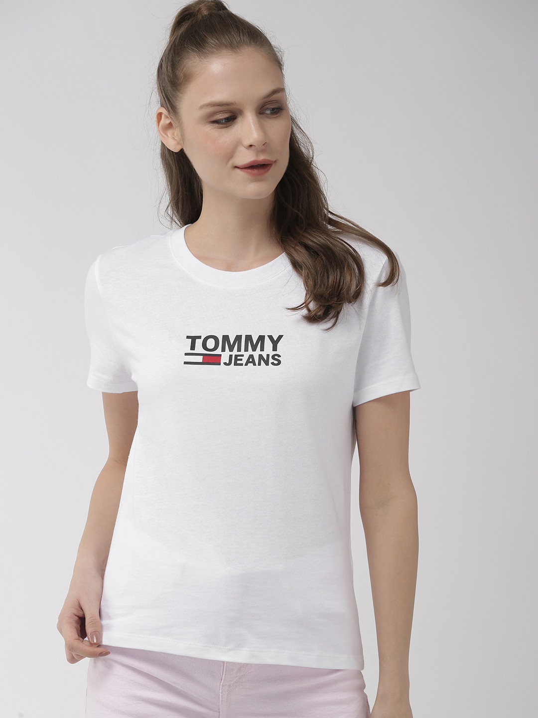 Buy Tommy Hilfiger Women White Printed Round Neck Pure Cotton T Shirt