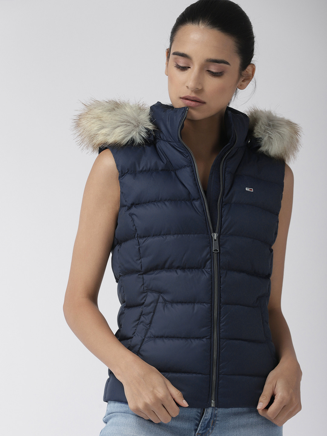 Buy Tommy Hilfiger Women Navy Blue Solid Detachable Hooded Parka Jacket