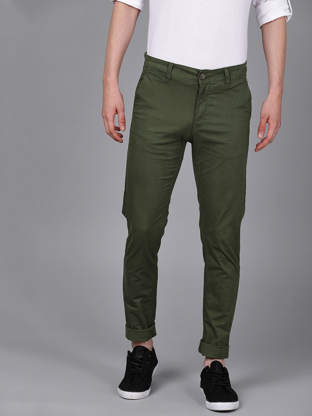 Buy WROGN Men Olive Green Slim Fit Pure Cotton Chinos - Trousers for ...