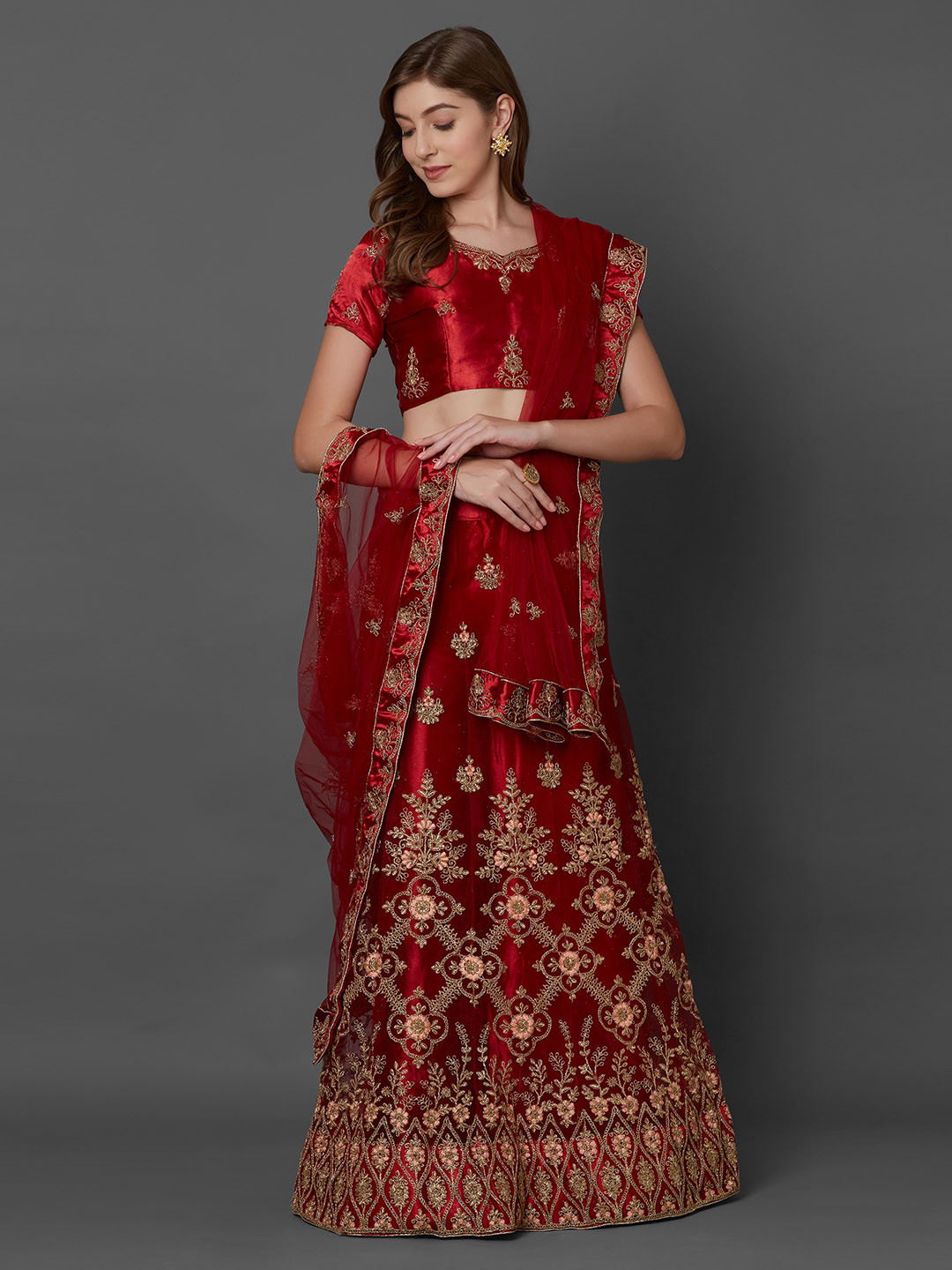 Maroon Brocade Lehenga Dupatta With Cross Body Blouse main image 0