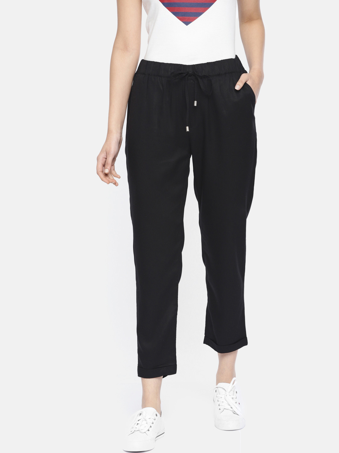 Buy U.S. Polo Assn. Women Women Black Regular Fit Solid Parallel Trousers - Trousers for Women 