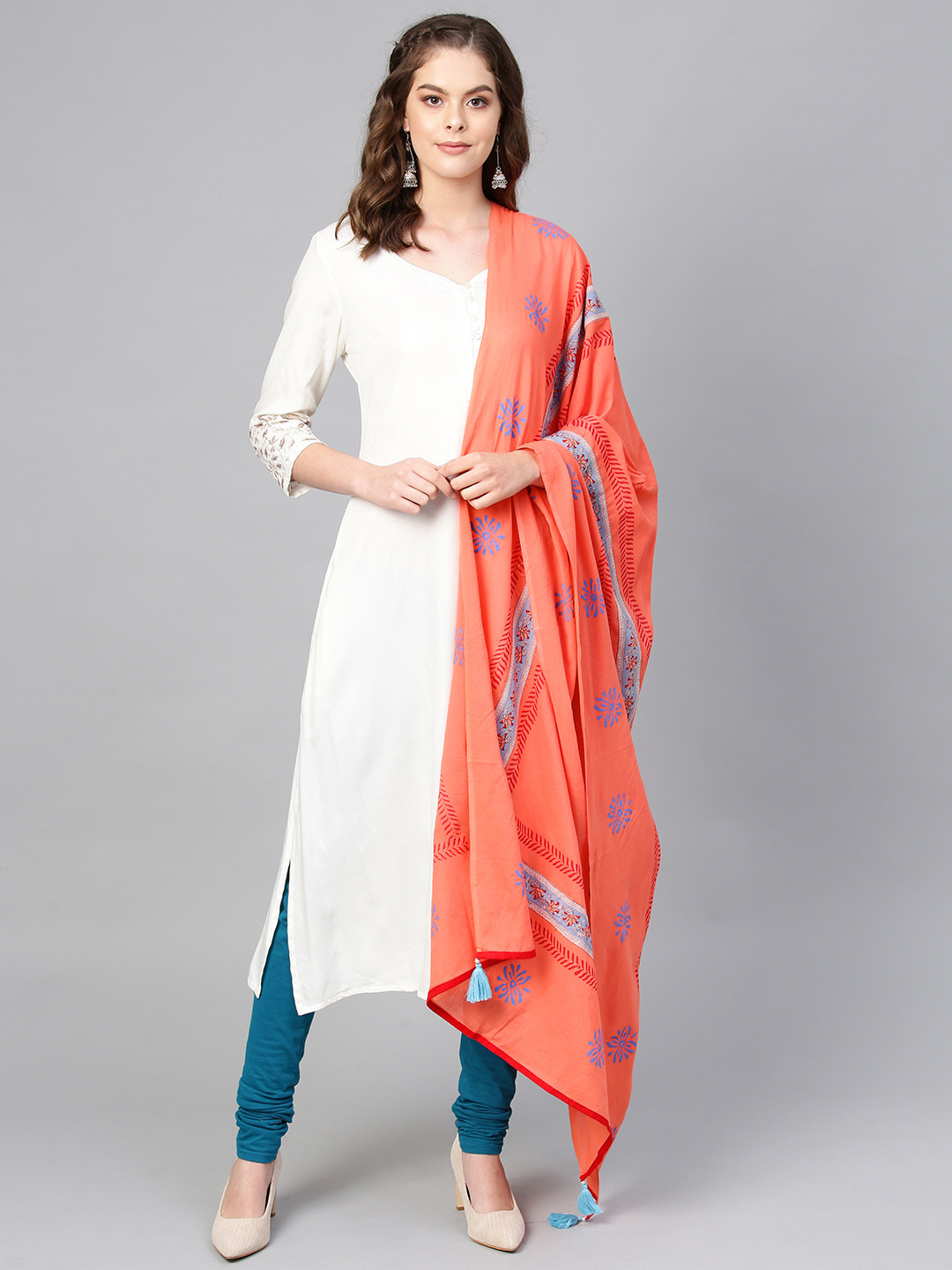 Buy Rain & Rainbow Coral Orange & Blue Block Print Pure Cotton Dupatta ...