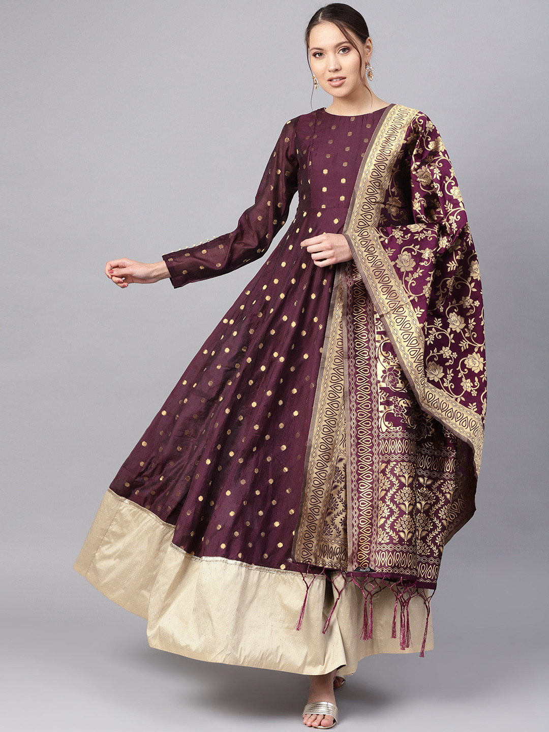 Buy Inddus Women Aubergine & Golden Woven Design Anarkali Kurta With Dupatta Kurtas for Women