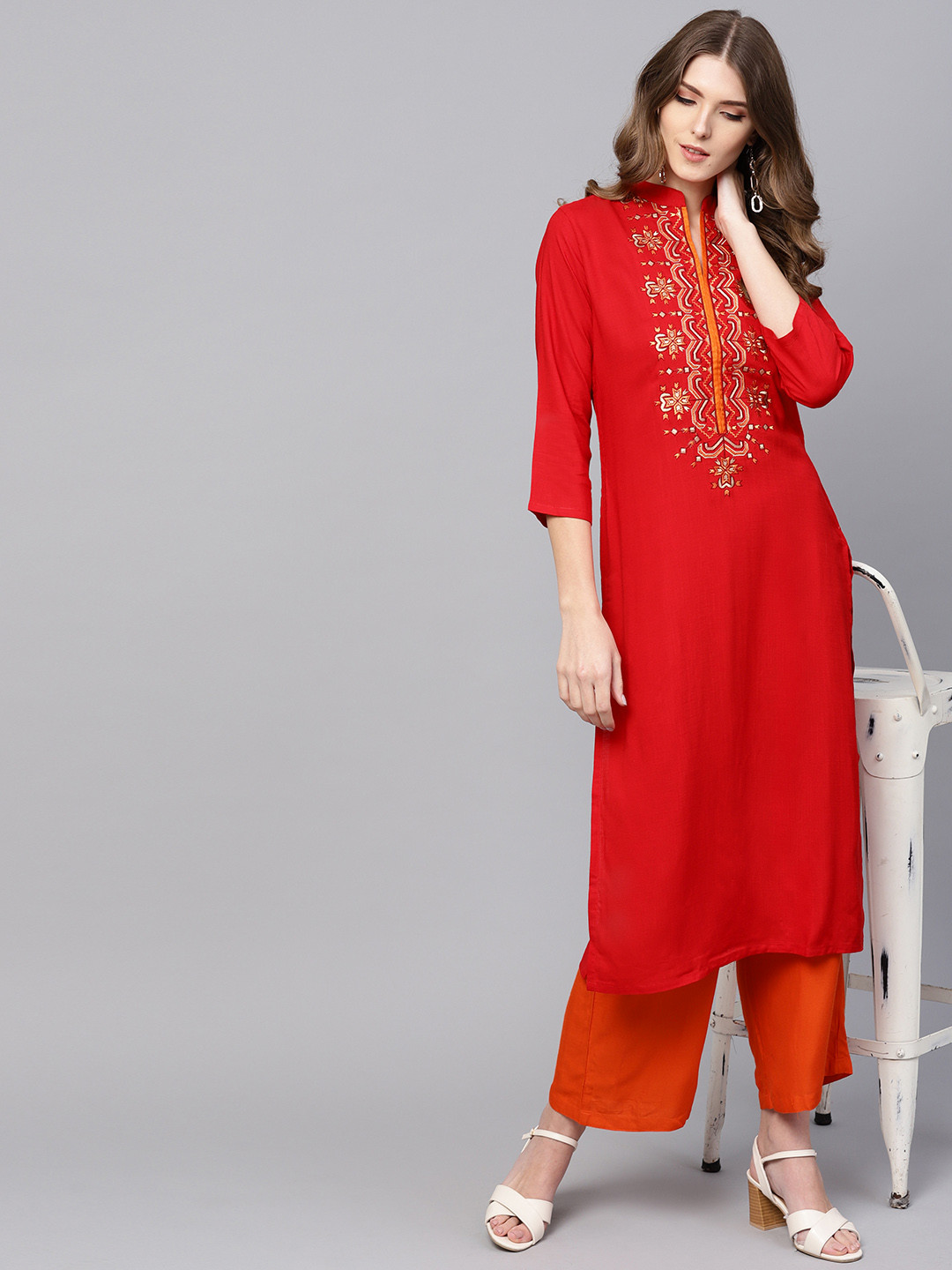 Women Red Yoke Design Kurta with Dhoti Pants