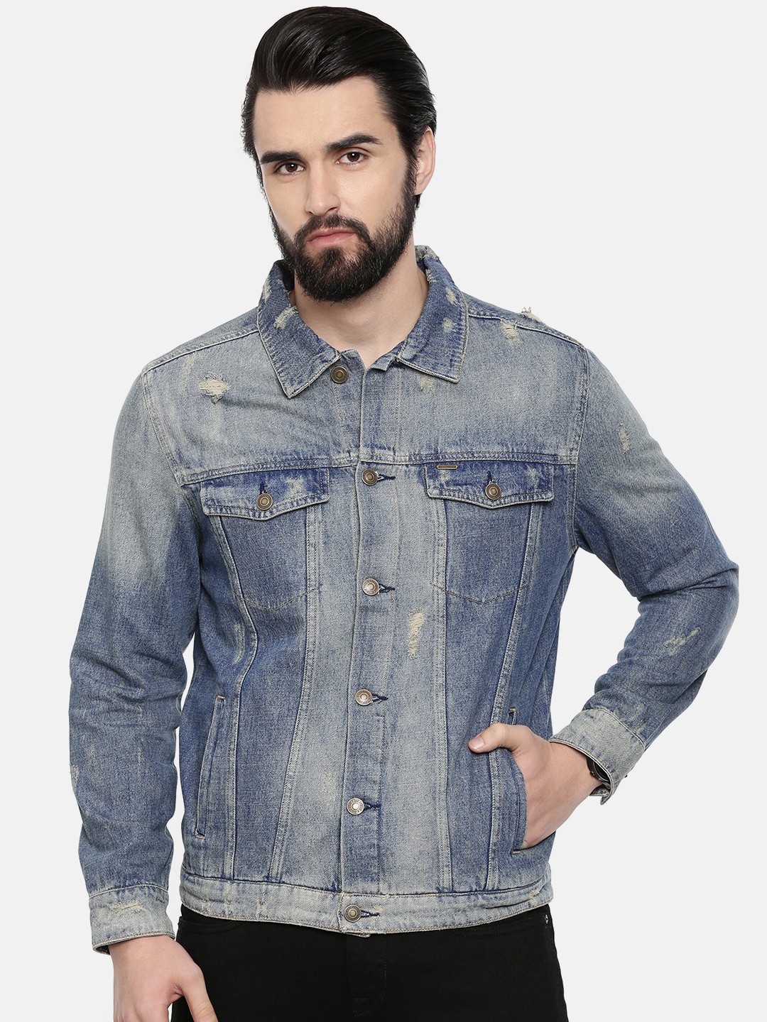 Buy Lee Cooper Men Blue Washed Distressed Denim Jacket - Jackets for ...
