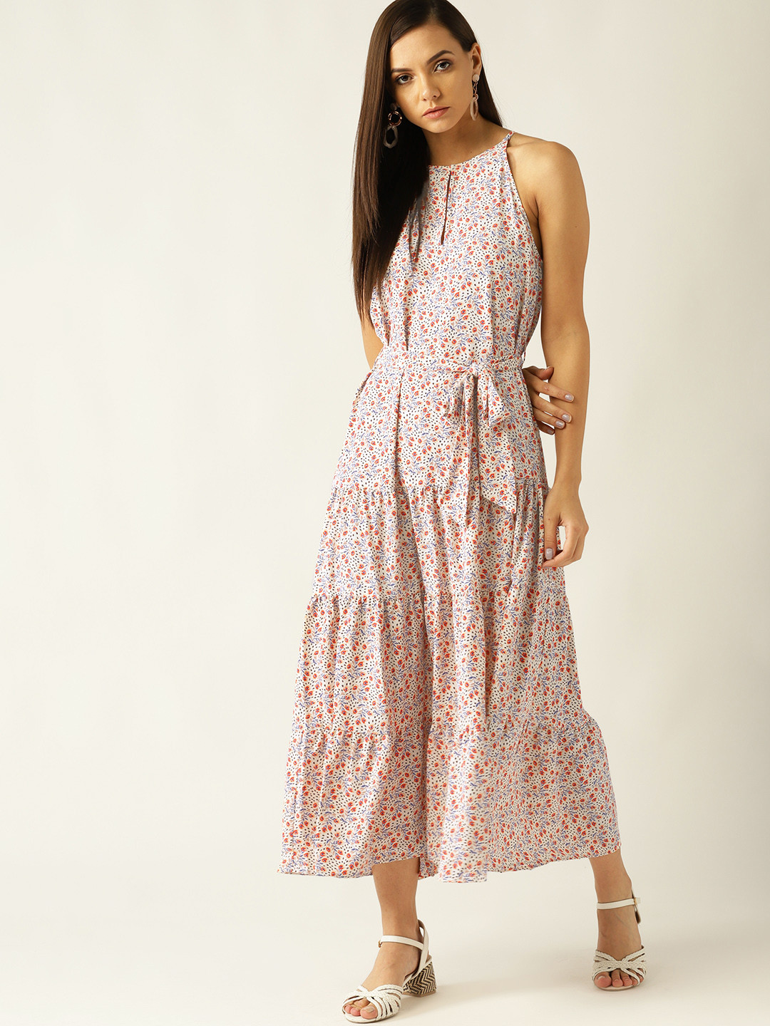 Buy MANGO Women Off White & Orange Floral Print Tiered Maxi Dress