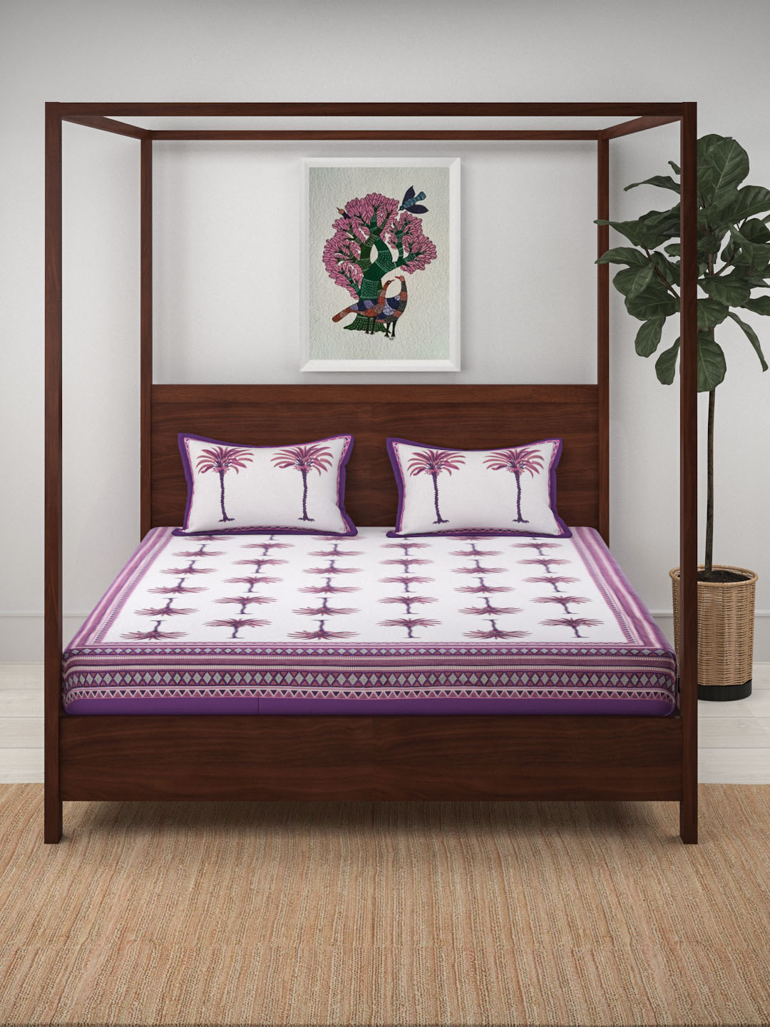 Buy Aura White & Purple Floral Print 140 TC Cotton 1 King Bedsheet With