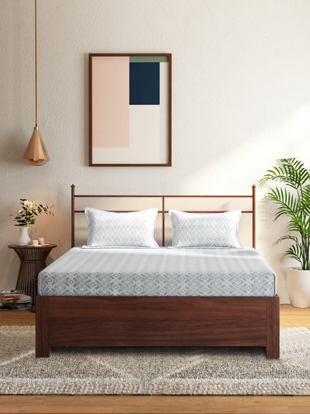 Buy Aura White & Grey Geometric 140 TC Cotton 1 King Bedsheet With 2