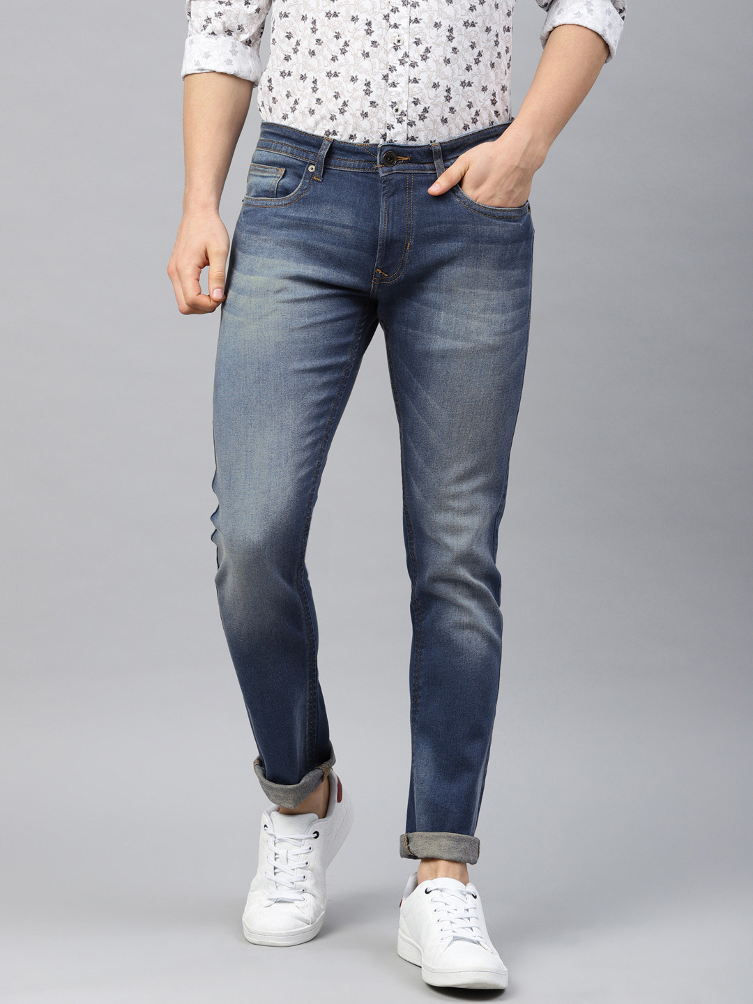 Buy Peter England Casuals Men Blue Slim Tapered Fit Mid Rise Clean Look