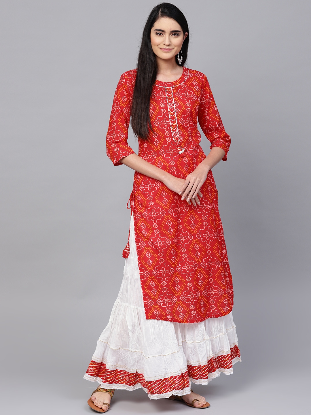Buy Ishin Women Red White Printed Bandhani Kurta With 