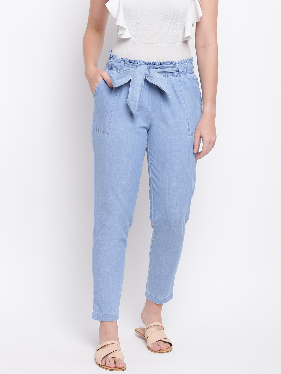 Buy Kraus Jeans Women Blue Solid High Rise Paper Bag Trousers With Belt