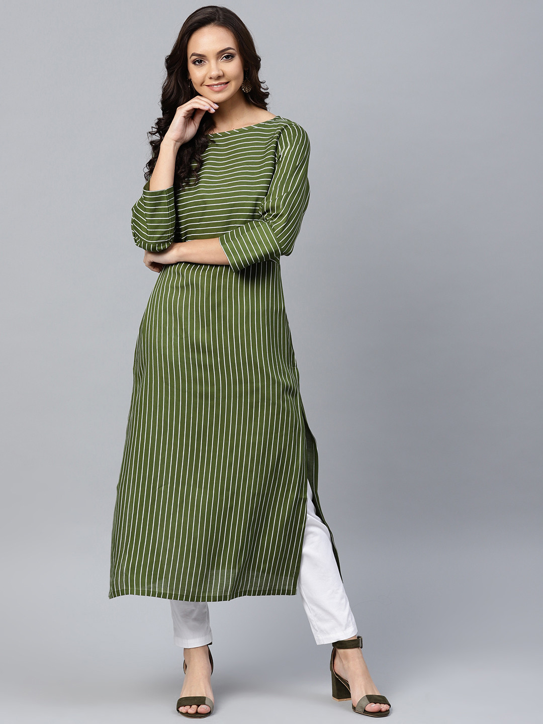 Ompers Women Green & White Woven Design Jacquard A-Line Kurta