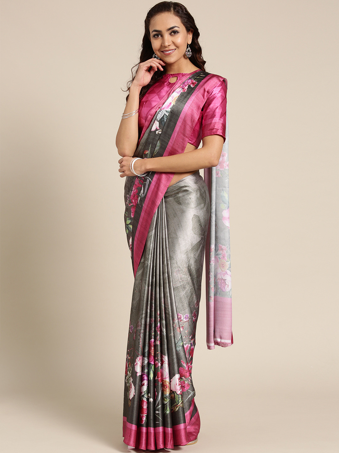 Buy Saree Mall Grey & Pink Printed Saree Sarees for Women 10266277